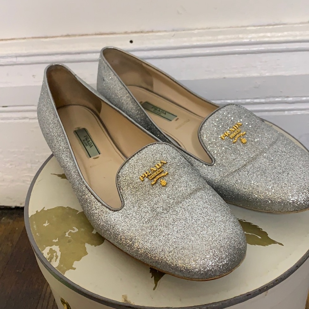 Vintage Prada Silver Sparkle Flat Loafers